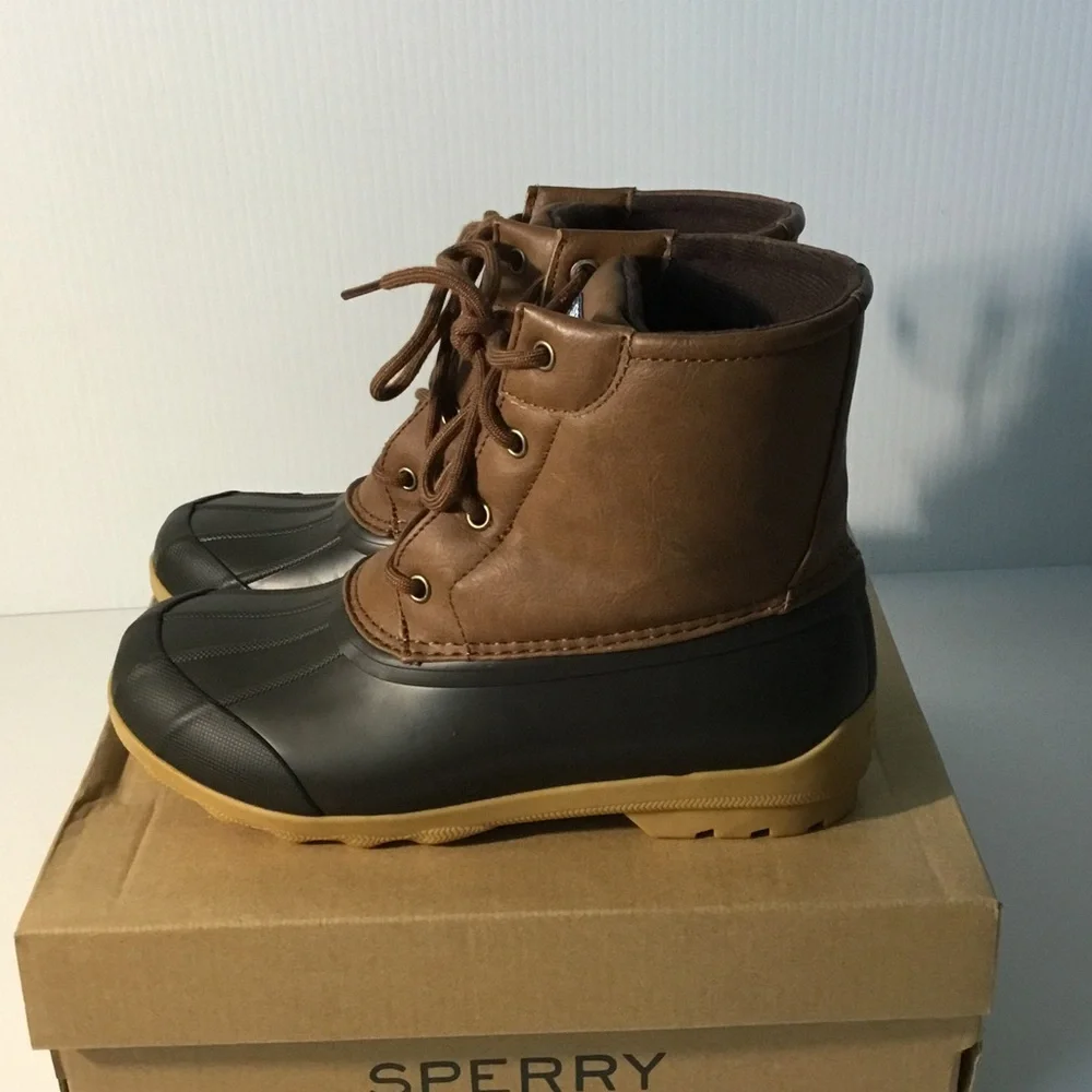 Sperry Brown Leather and Black Rubber Lace-Up Duck Boots